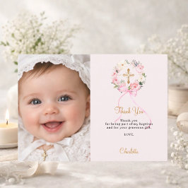 Baptism pink florals bow photo girl thank you card inbjudningar