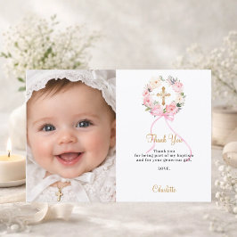 Baptism pink florals bow photo girl thank you card inbjudningar