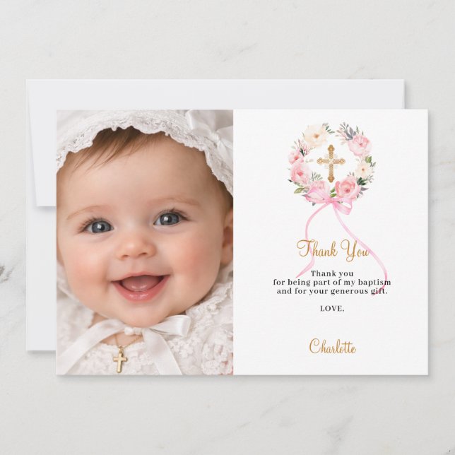 Baptism pink florals wreath bow photo girl tack kort (Framsida)