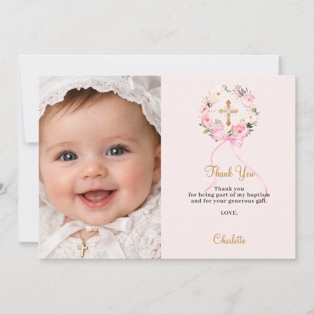 Baptism pink florals wreath bow photo girl tack kort (Framsida)