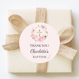 Baptism pink girl florals wreath cross thank you runt klistermärke