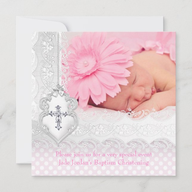 Baptism Pink White Lace Photo Jewel Cross Girl Inbjudningar (Framsida)