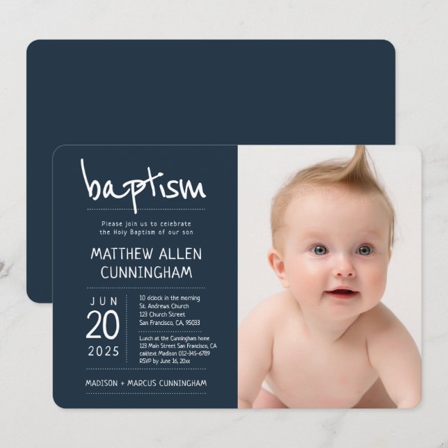 Baptism pojke| Modern + Enkel foto Inbjudningar (Fram/baksida)