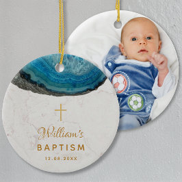 Baptism Pojken Foto Blue Geode Marble Guld Kor Julgransprydnad Keramik