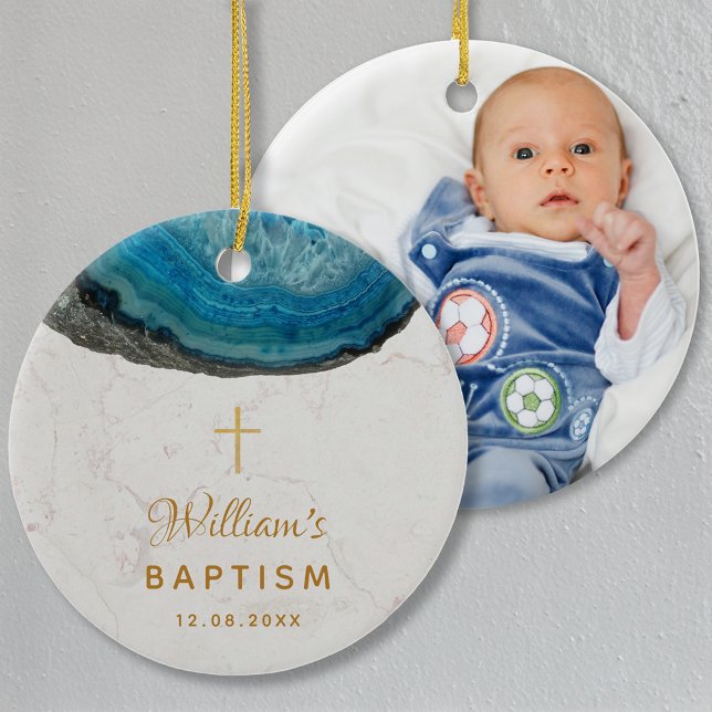 Baptism Pojken Foto Blue Geode Marble Guld Kor Julgransprydnad Keramik (Skapare uppladdad)