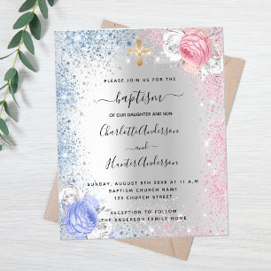 Baptism-pojkens flickblått rosa-budgetinbjudan flygblad