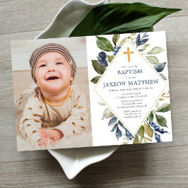 Baptism-pojkfoto, grönblå grönt-löv inbjudningar