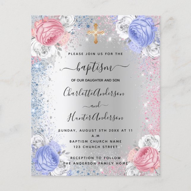 Baptism-pojkvän Flickblåblå rosa silver inbjudan (Framsida)