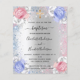 Baptism-pojkvän Flickblåblå rosa silver inbjudan