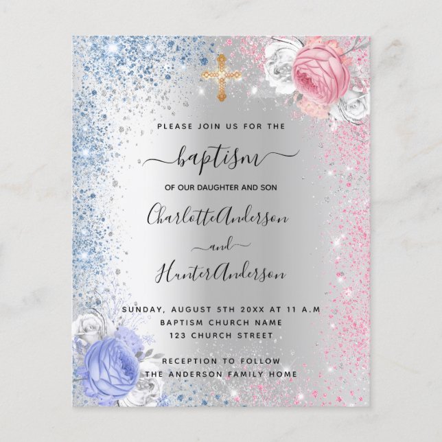 Baptism-pojkvän Flickblåblå rosa silver inbjudan (Framsida)
