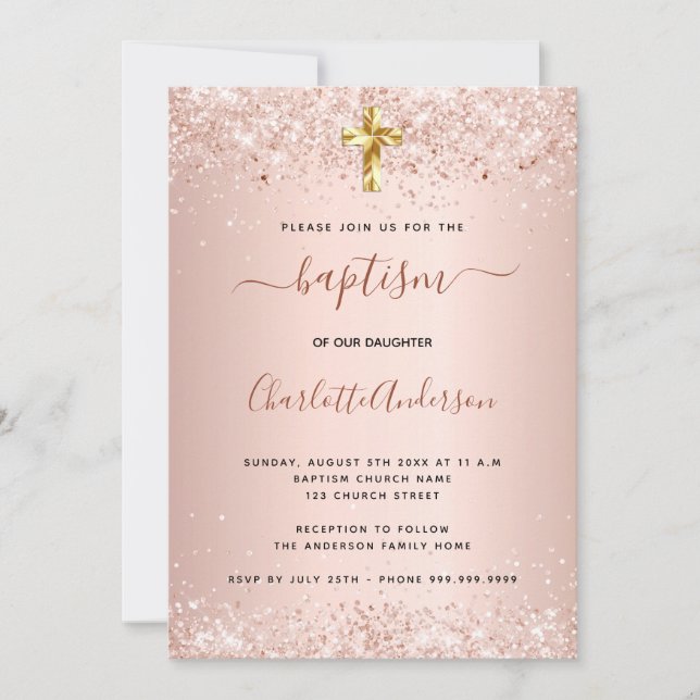 Baptism ro guld glitter  flicka inbjudningar (Framsida)