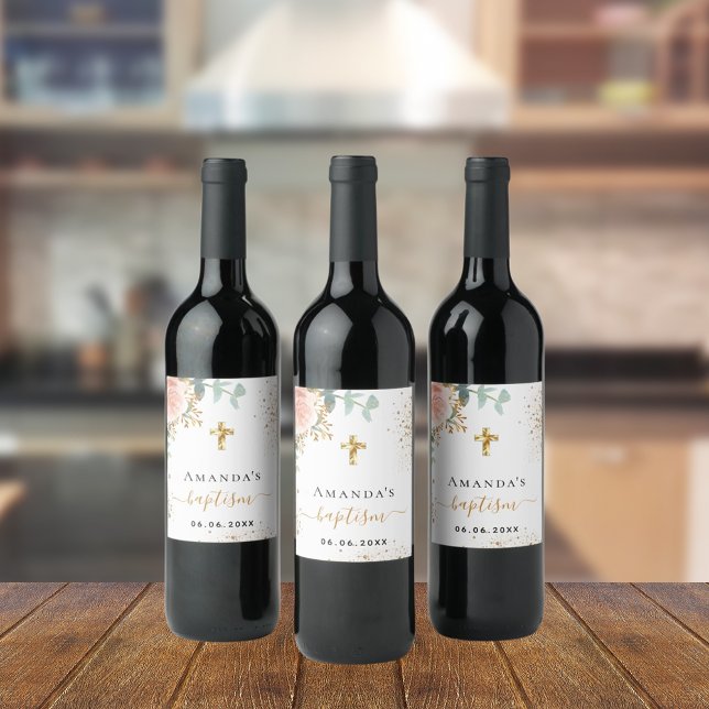 Baptism ro guld  rosa blommigt vinflaska etikett (Skapare uppladdad)