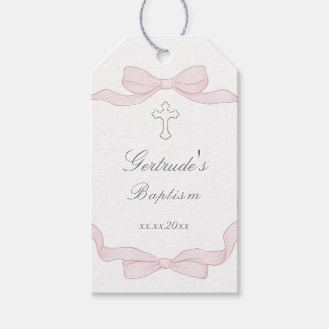 Baptism rosa båge ram presentetikett (Framsidan)