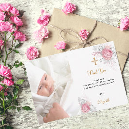 Baptism rosa blommigt anpassningsbar Bild guld vit Tack Kort