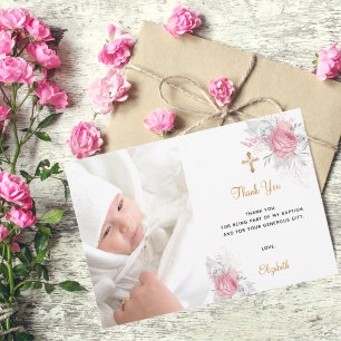 Baptism rosa blommigt anpassningsbar Bild guld vit Tack Kort