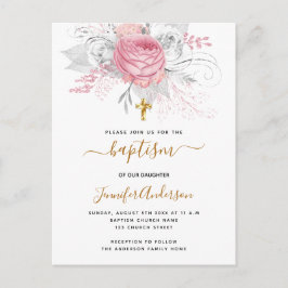 Baptism rosa blommigt , elegant vit inbjudan vykort