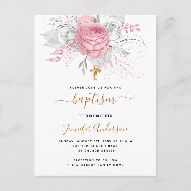 Baptism rosa blommigt , elegant vit inbjudan vykort (Framsida)