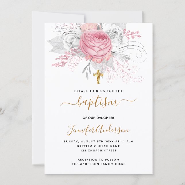 Baptism rosa blommigt , elegant vit inbjudningar (Framsida)