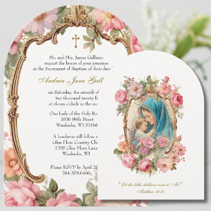 Baptism Rosa Blommigt Mor Mary Jesus Guld Inbjudningar