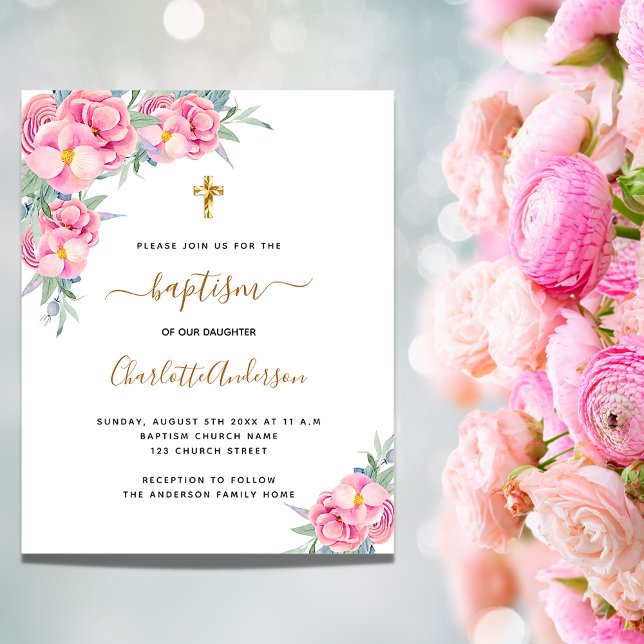 Baptism rosa blommigt ro guld budgetinbjudan (Skapare uppladdad)