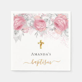 Baptism rosa blommigt, skript med vit elegant namn pappersservett