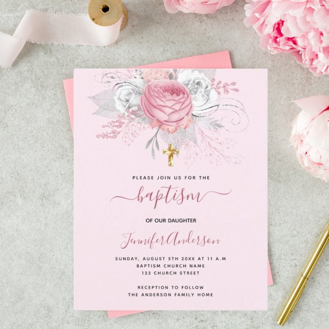 Baptism rosa blommigt   , vit inbjudan till elegan (Skapare uppladdad)