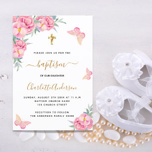 Baptism rosa blommigts butterfly girl lyxury inbjudningar