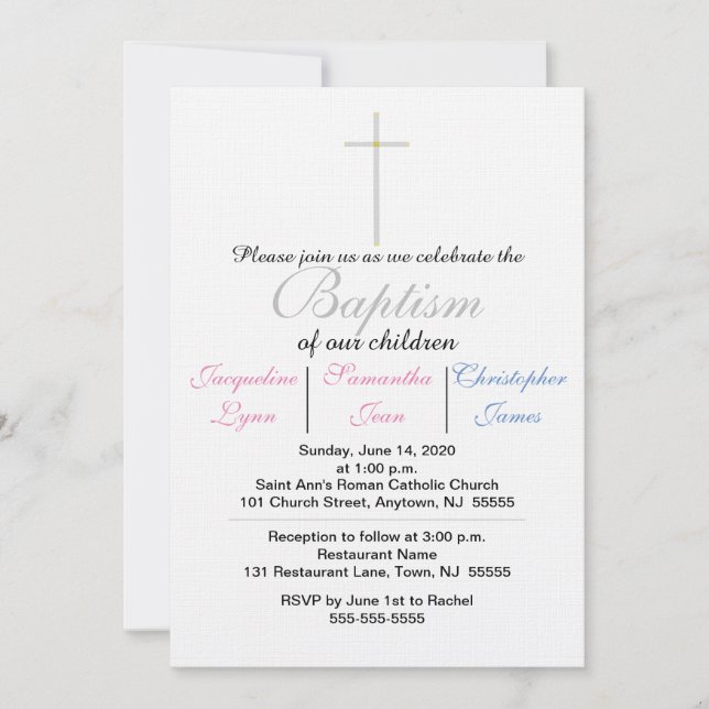 Baptism Rosa Blue Triplets Inbjudningar (Framsida)