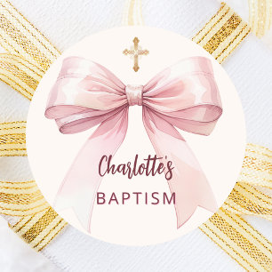 Baptism rosa bow girl kor kräm peach runt klistermärke