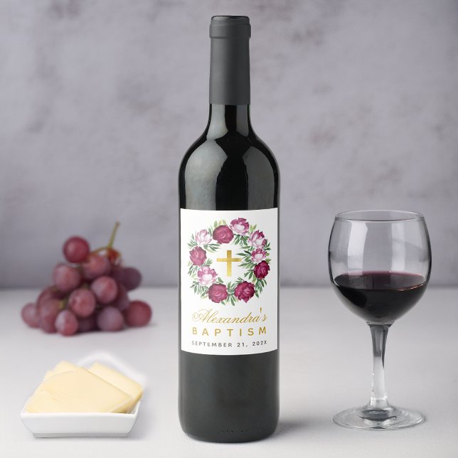 Baptism Rosa Burgundy Blommigt Wandefaux Guld Vinflaska Etikett (Skapare uppladdad)