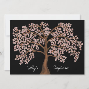 Baptism Rosa Cherry Blommar Träd Painting Inbjudningar
