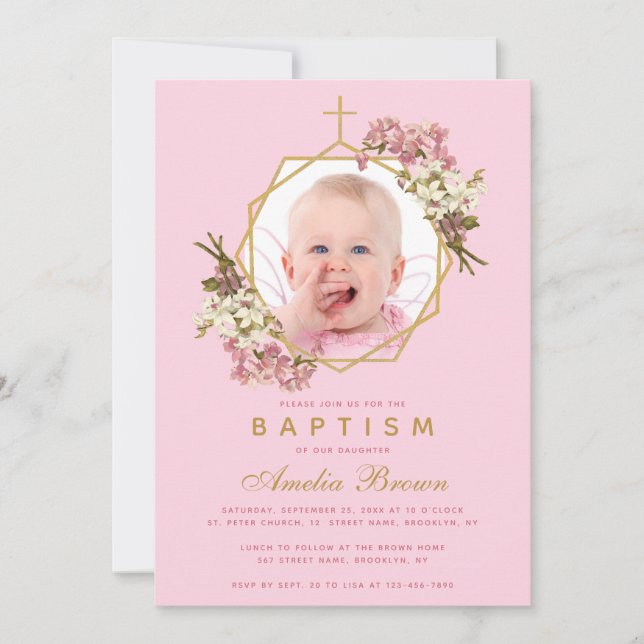Baptism Rosa Girl Girl Photo Orchids Blommigt Geom Inbjudningar (Framsida)