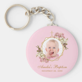 Baptism Rosa Girl Photo Blommigt Orchids Guld Kor Nyckelring