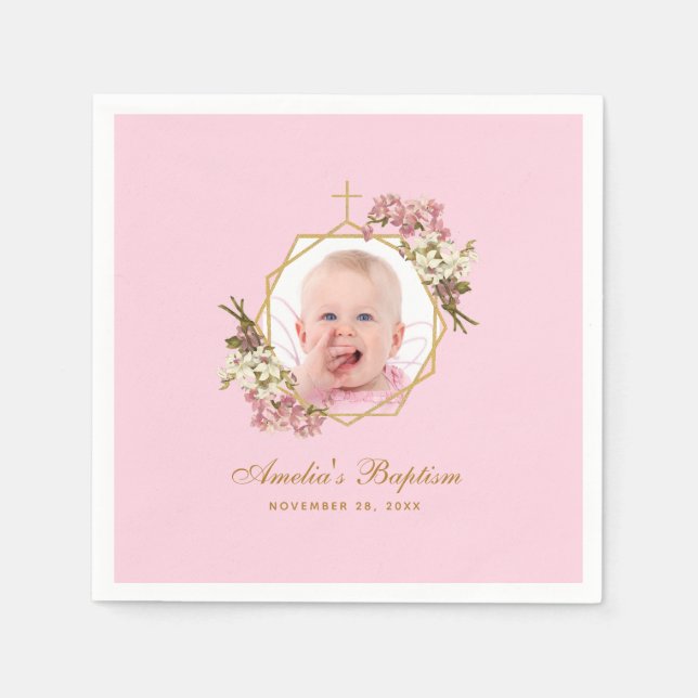 Baptism Rosa Girl Photo Blommigt Orchids Guld Kor Pappersservett (Framsidan)