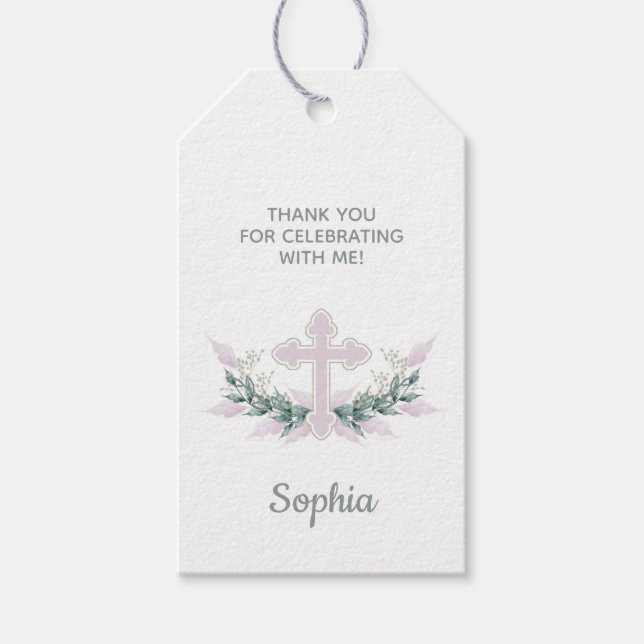 Baptism, Rosa Kor Favor Gift-Märkrn Presentetikett (Framsidan)