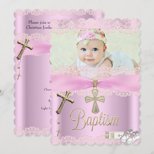 Baptism Rosa Kor Girl Girl Snöre Christening Inbjudningar (Fram/baksida)