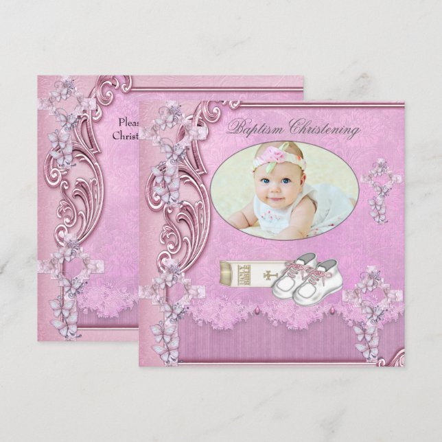 Baptism Rosa Kor Girl Photo christening 2 Inbjudningar (Fram/baksida)