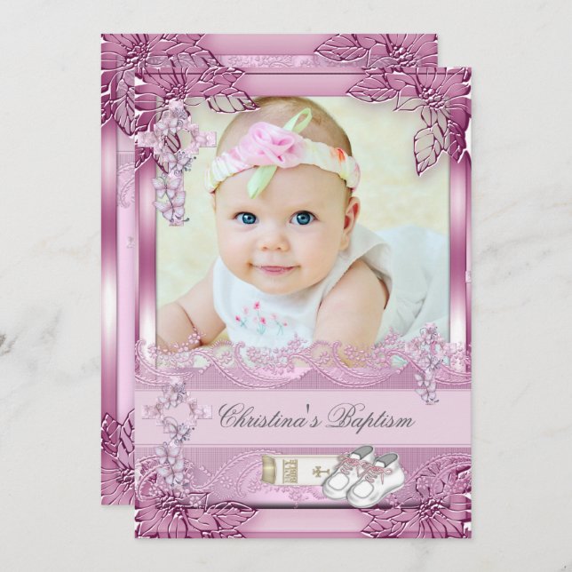 Baptism Rosa Kor Girl Photo christening Blommigt Inbjudningar (Fram/baksida)