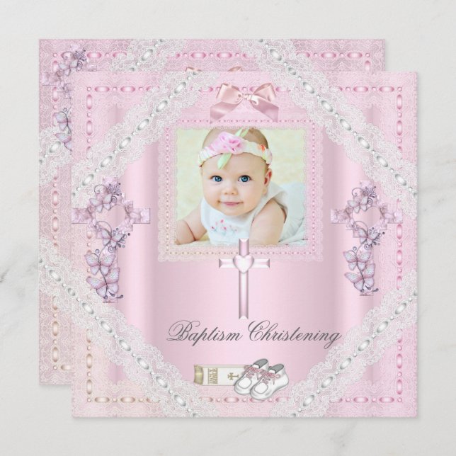 Baptism Rosa Kor Girl Photo christening Snöre 2 Inbjudningar (Fram/baksida)