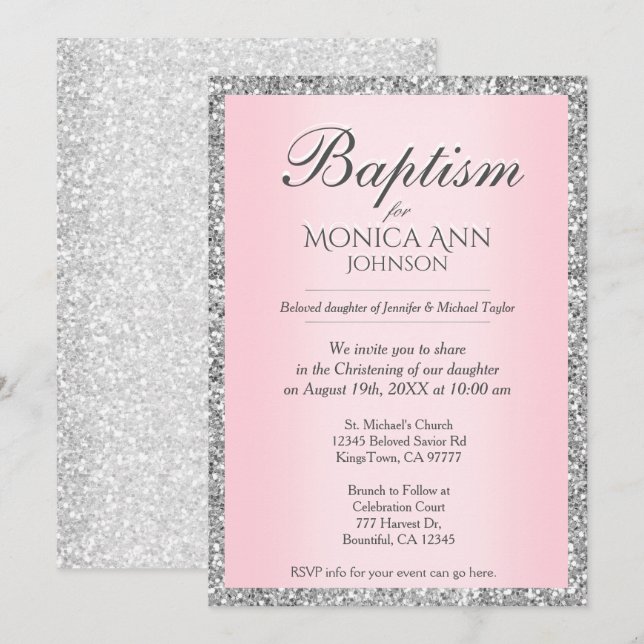 Baptism | Rosa med Silver Faux Glitter Inbjudningar (Fram/baksida)