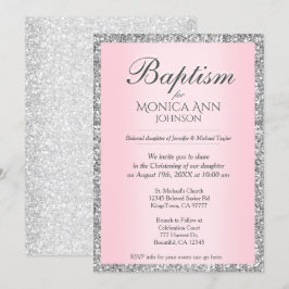 Baptism | Rosa med Silver Faux Glitter Inbjudningar