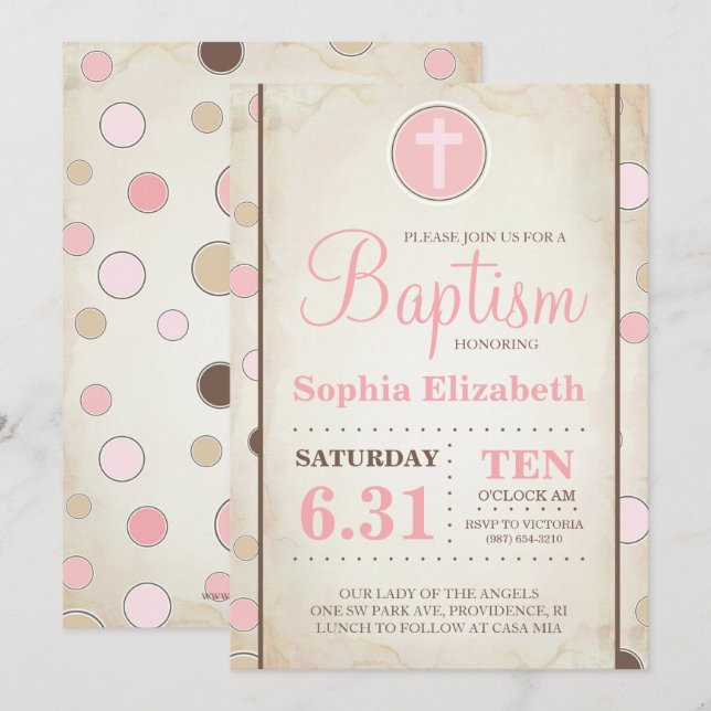 Baptism Rosa Polka Dot Inbjudan - Flicka (Fram/baksida)