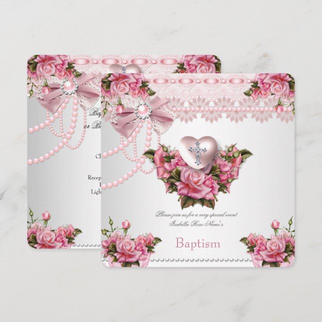 Baptism Rosa Silver Heart Kor Girl Ro 5 Inbjudningar (Fram/baksida)