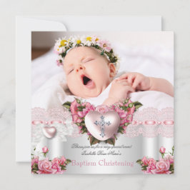 Baptism Rosa Silver Photo Heart Kor Girl Ro 2 Inbjudningar