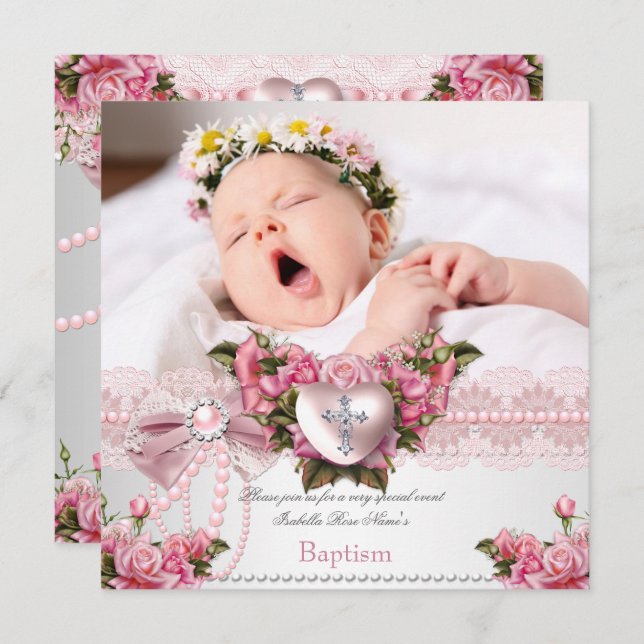 Baptism Rosa Silver Photo Heart Kor Girl Ro 4 Inbjudningar (Fram/baksida)