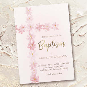 Baptism rosa vattenfärgen blommigt kor inbjudningar