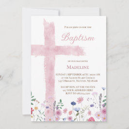 Baptism rosa vattenfärgen kor och blommor inbjudningar