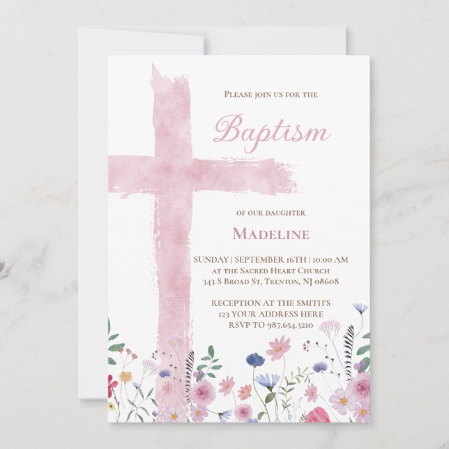 Baptism rosa vattenfärgen kor och blommor inbjudningar (Framsida)