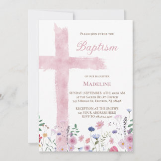 Baptism rosa vattenfärgen kor och blommor inbjudningar