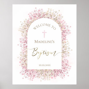 Baptism rosa vit blommigt välkommen poster